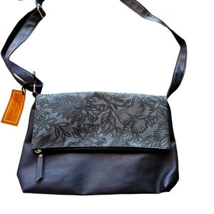 Leather Gold Coast Purse. Navy Floral Design.